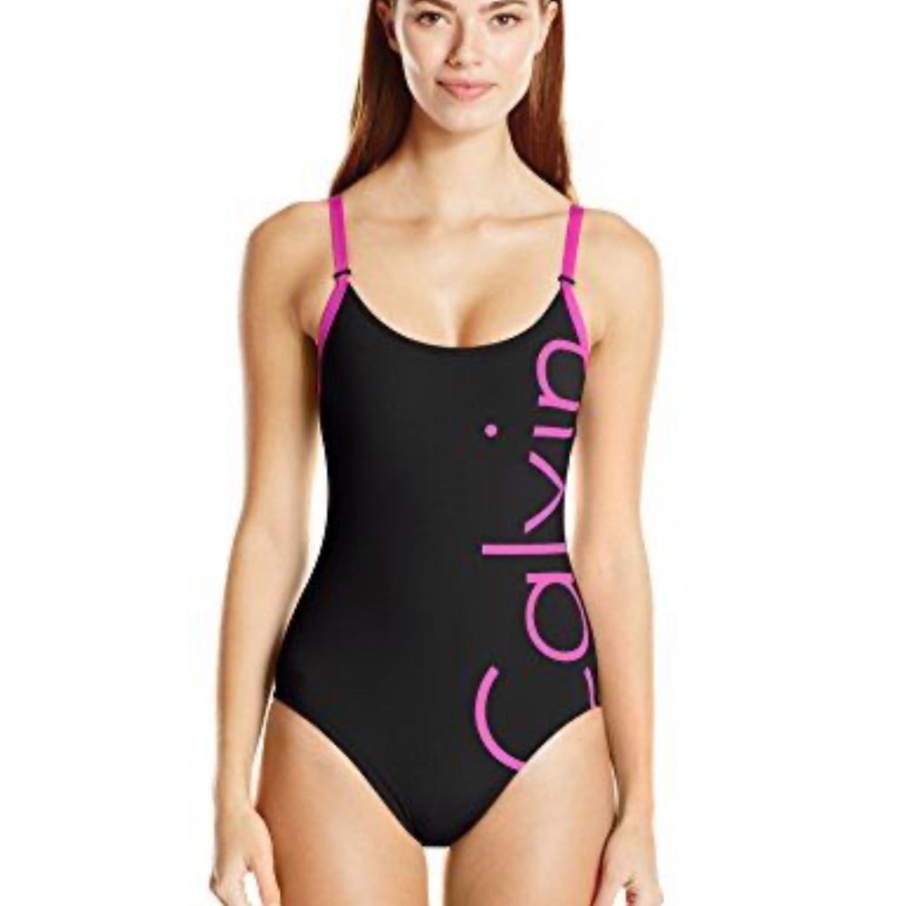 Calvin Klein Black and Pink One Piece Swimsuit Sz 8 NWT